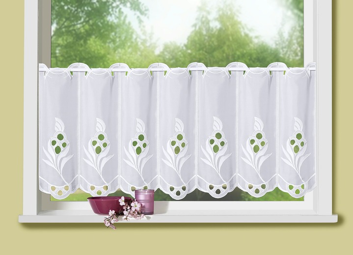 Kurzgardinen - Kurzstore mit echter Plauener Stickerei Ansicht 2 Kurzgardinen - Kurzstore mit echter Plauener Stickerei, in Größe 823 (35x120 cm) bis 834 (50x300 cm), in Farbe WEISS Ansicht 2