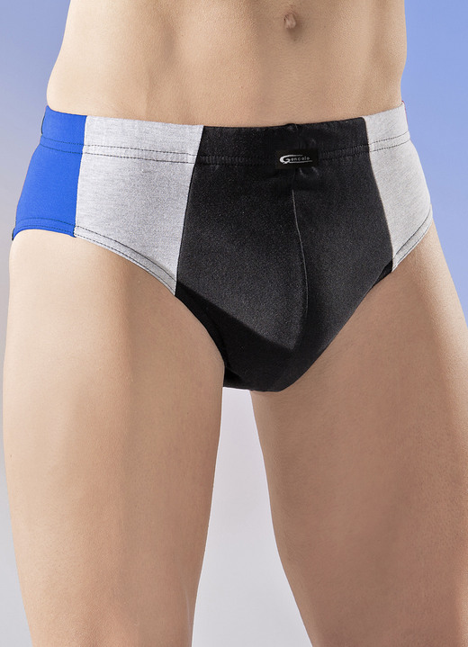 Slips & Unterhosen - Mehrfachpack Slips mit seitlichen Einsätzen, in Größe 004 bis 009, in Farbe 3X SCHWARZ-ROT-GRAU MELIERT, 2X SCHWARZ-ROYALBLAU-GRAU MELIERT, in Ausführung Fünferpack Slips Ansicht 2