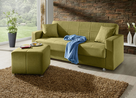 Schlafsofas - Klick-Klack-Sofa mit Hocker und Dekokissen, in Farbe BLAU – Farbe GRÜN – Ansicht 
