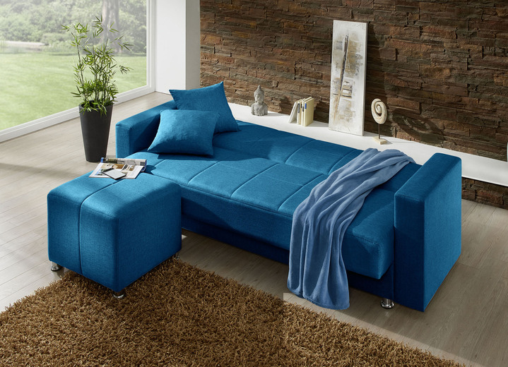 Schlafsofas - Klick-Klack-Sofa mit Hocker und Dekokissen, in Farbe BLAU Ansicht 2