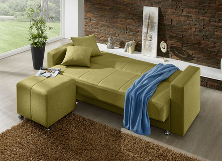 Schlafsofas - Klick-Klack-Sofa mit Hocker und Dekokissen, in Farbe BLAU – Farbe GRÜN – Ansicht 