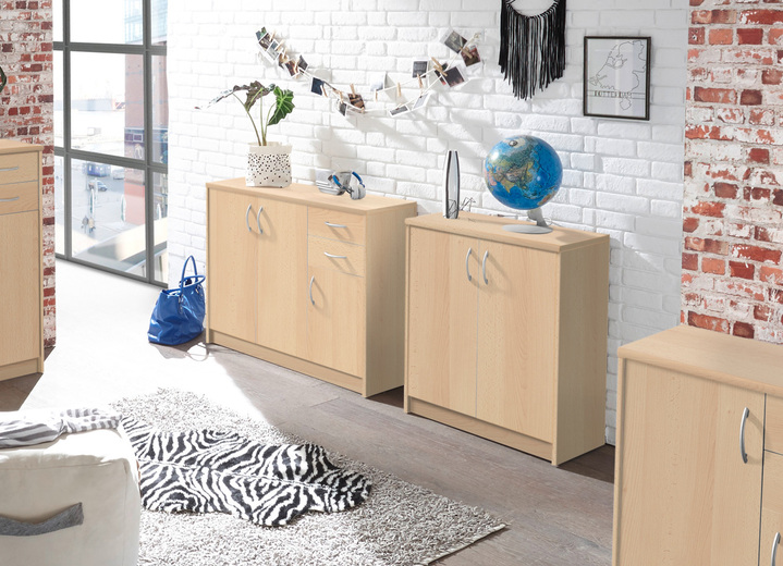 Möbel - Kombifreundliche Kommode mit silberfarbenen Griffen, in Farbe BUCHE, in Ausführung 2-türig, schmal Ansicht 2