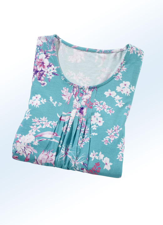 Longshirts - Longshirt mit dezenter Fältelung in 4 Farben, in Größe 038 bis 054, in Farbe TÜRKIS-LILA Ansicht 1