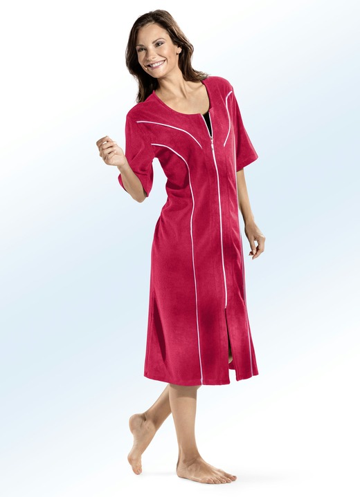 - Hauskleid mit kontrastfarbenen Paspeln , in Größe 036 bis 054, in Farbe ROT
