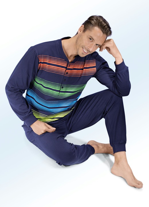 Schlafanzüge - Schlafanzug mit Knopfleiste, Ärmel- und Beinbündchen, in Größe 046 bis 062, in Farbe MARINE-BUNT