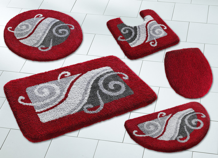 Badgarnituren - Badgarnitur mit 20 mm Florhöhe von Grund, in Größe 100 (Vorleger halbrund, 50/ 80 cm) bis 109 (Hänge-WC-Vorleger, 50/ 50 cm), in Farbe ROT-GRAU Ansicht 2