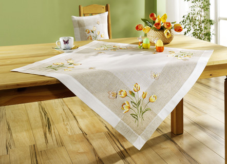 Heimtextilien - Tisch- und Raumdekoration mit Tulpen und Schmetterlinge, in Größe 102 (Läufer, 40/ 85 cm) bis 404 (Kissenbezug, 40/ 40 cm), in Farbe SEKT – Farbe SEKT – Ansicht 