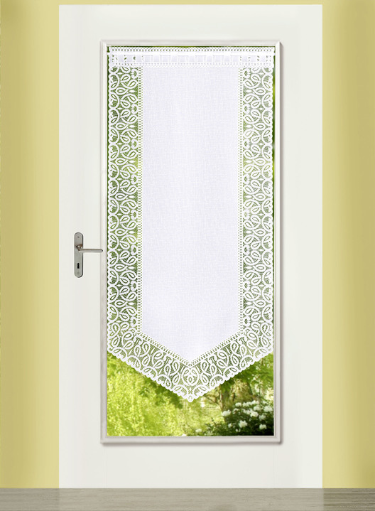 Klassisch - Fenster- und Türbehang mit Dreiecksabschluss, in Größe 309 (2x Fensterbehang, H 80xB40 cm) bis 349 (1x Türbehang, H180xB90 cm), in Farbe WEISS Ansicht 1