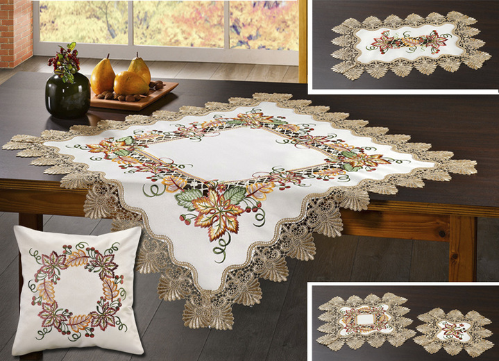 Wohnaccessoires - Aufwendig gearbeitete Accessoires mit reichem Blatt- und Rankendeko, in Größe 101 (Deckchen, 35/ 50 cm) bis 404 (Kissenbezug,40/ 40 cm), in Farbe ECRU