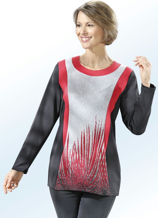 - Shirt mit Kontrasteinsätzen und Schmuckzier, in Größe 040 bis 060, in Farbe SCHWARZ-GRAU-ROT