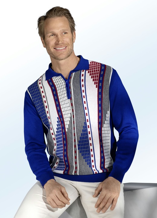- Polopullover mit kurzem Reißverschluss, in Größe 044 bis 062, in Farbe ROYALBLAU-WEISS-ROT-GRAU