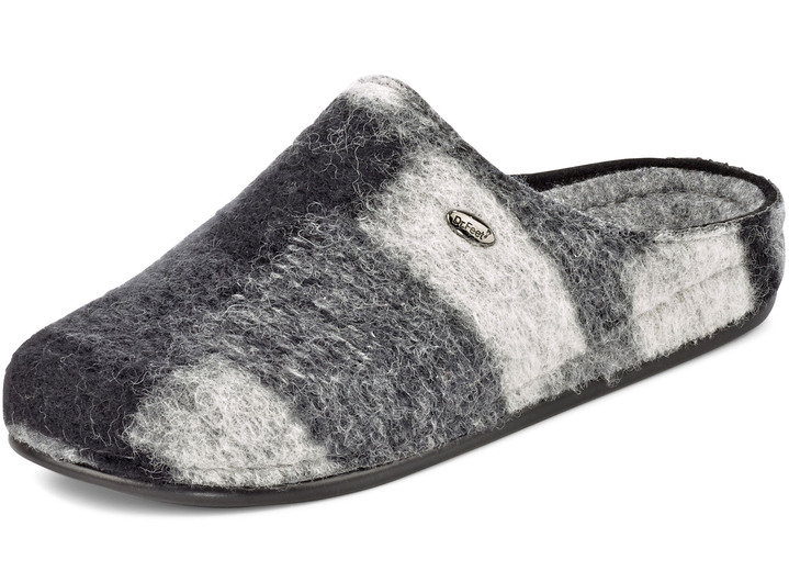 Hausschuhe - Pantoffel aus flauschigem, buntem Wollstoff, in Größe 036 bis 042, in Farbe GRAU-SCHWARZ