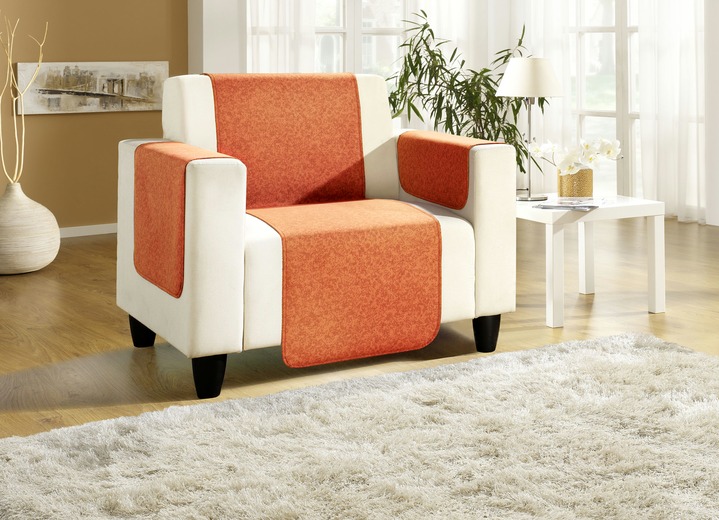 Sessel- & Sofaüberwürfe - Sessel-,Couch- und Armlehnenschoner mit Bandeinfassung, in Größe 101 (Sesselschoner, 50x150 cm) bis 865 (2 Armlehnenschoner, 50x 70 cm), in Farbe BEIGE Ansicht 9