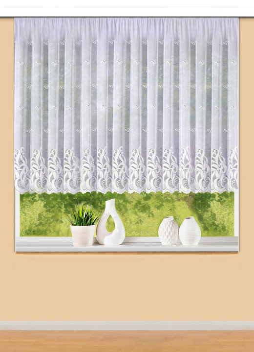 Klassisch - Blumenfenster-Store mit Universalschienenband, in Größe 140 (H120xB300 cm) bis 179 (H175xB450 cm), in Farbe WEISS Ansicht 1
