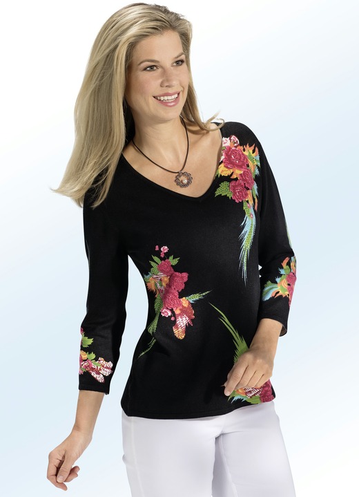 - Pullover mit Floral-Druck und Strasszier, in Größe L (44/46) bis XXL (52/54), in Farbe SCHWARZ-MULTICOLOR