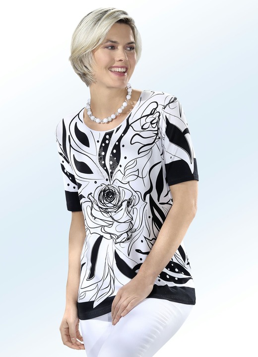 - Shirt mit rundem Halsausschnitt in 2 Farben, in Größe 038 bis 054, in Farbe WEISS-SCHWARZ