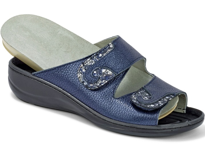 Sandaletten & Pantoletten - Mubb, bequeme Damen-Pantoletten, Weite H, mit herausnehmbarem Fußbett Ansicht 2 Sandaletten & Pantoletten - Mubb, bequeme Damen-Pantoletten, Weite H, mit herausnehmbarem Fußbett, in Größe 036 bis 042, in Farbe STAHLBLAU Ansicht 2