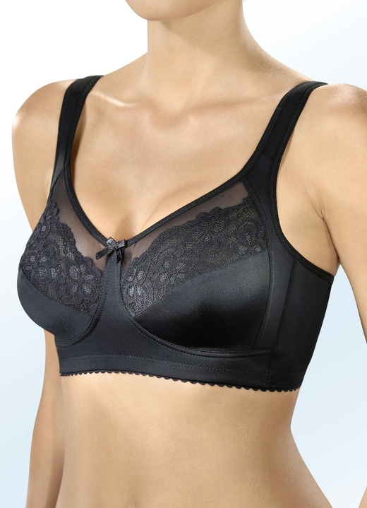 Damenwäsche - Formschöner BH in Cup E mit Elastikspitze und -tüll in den Obercups, in Größe 080 bis 100, in Cup E, in Farbe SCHWARZ Ansicht 1
