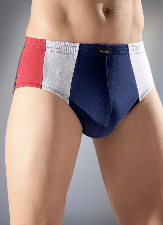 Slips & Unterhosen - Mehrfachpack Slips mit seitlichen Einsätzen, in Größe 004 bis 009, in Farbe 3X MARINE-ROYALBLAU-GRAU MELIERT, 2X MARINE-ROT-GRAU MELIERT, in Ausführung Fünferpack Slips Ansicht 2