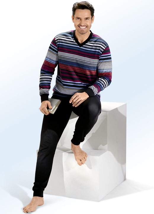 Schlafanzüge - Schlafanzug mit V-Ausschnitt und Bündchenabschlüssen, in Größe 046 bis 060, in Farbe GRÜN-ORANGE-SCHWARZ Ansicht 2