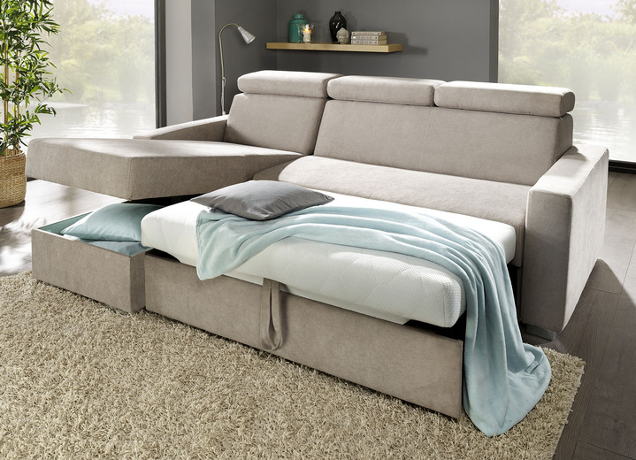 Schlafsofas - Polstermöbel mit Bettfunktion und verstellbaren Kopfstützen, in Farbe GRAU, in Ausführung Schlafsofa mit Hocker Ansicht 2