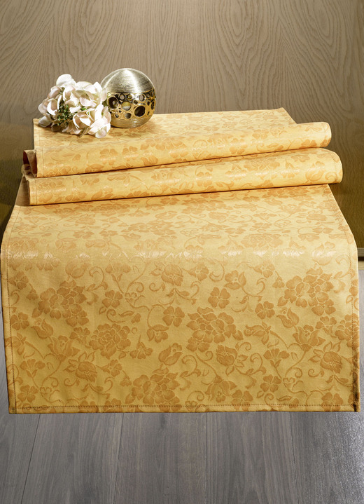 Heimtextilien - Praktische Tischdekoration mit Acryl-Beschichtung, in Größe 210 (Tischdecke, 155/250 cm) bis 404 (2 Kissenbezüge, 40/ 40 cm), in Farbe GOLD