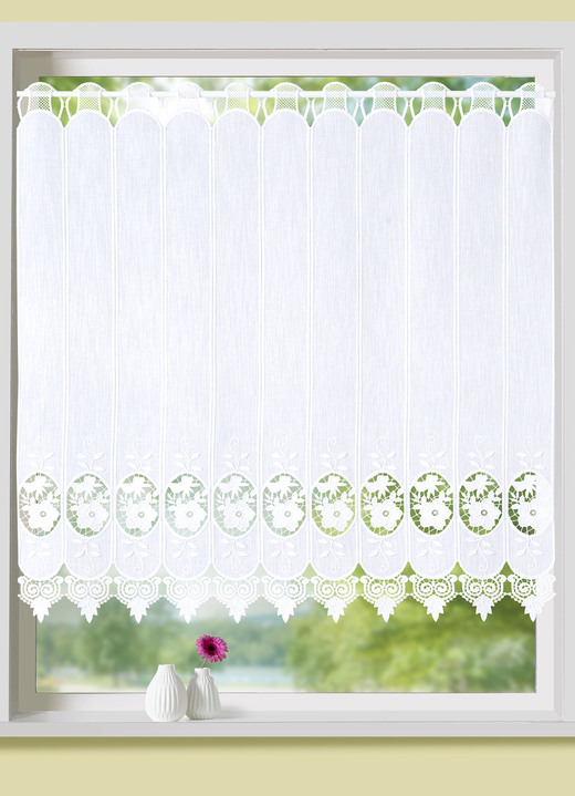 Kurzgardinen - Kurzstore mit Blumen in Macramé-Spitze, in Größe 823 (35x120 cm) bis 890 (90x225 cm), in Farbe WEISS Ansicht 2