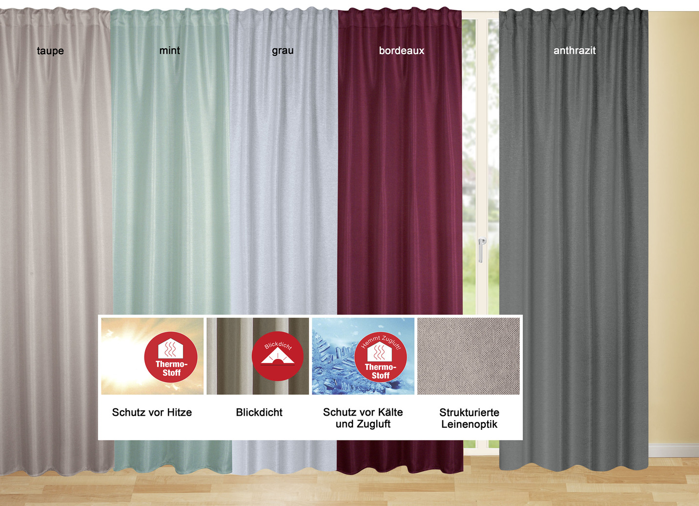 - Blickdichter Verdunkelungsschal in strukturierter Leinenoptik, in Größe 365 (H145xB135 cm) bis 458 (H245xB135 cm), in Farbe TAUPE Ansicht 3