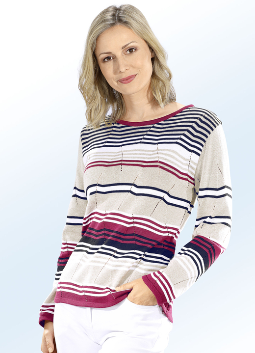 - Pullover in Ringeldessin mit Ajourakzenten, in Größe 038 bis 054, in Farbe KIRSCHROT-SAND MELIERT-MULTICOLOR