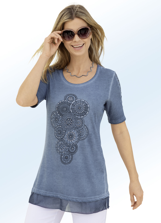 Kurzarm - Longshirt mit Spitzeneinsatz an den Ärmeln in 3 Farben, in Größe L (44/46) bis XXL (52/54), in Farbe JEANSBLAU