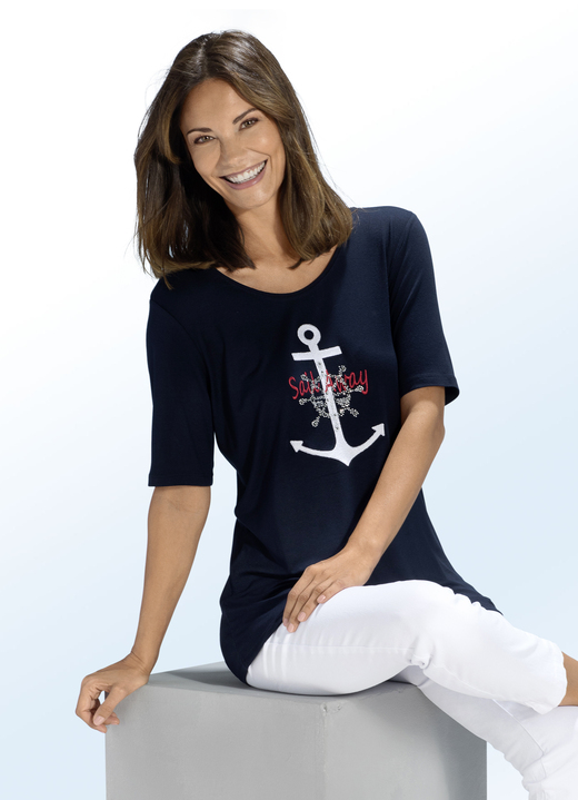 Shirts mit Strass - Shirt mit maritimer Stickerei-Applikation in 2 Farben, in Größe 038 bis 056, in Farbe MARINE Ansicht 1