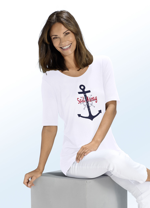 Shirts mit Strass - Shirt mit maritimer Stickerei-Applikation in 2 Farben, in Größe 038 bis 056, in Farbe WEISS Ansicht 1