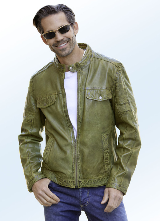 - Lederkurzjacke mit Zierstepp, in Größe 046 bis 062, in Farbe SCHILFGRÜN Ansicht 2