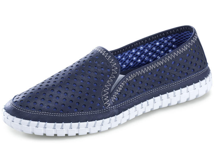 Slipper & Schnürschuhe - Gemini Slipper mit sommerlich perforiertem Rind-Nappaleder, in Größe 036 bis 041, in Farbe MARINE Ansicht 1