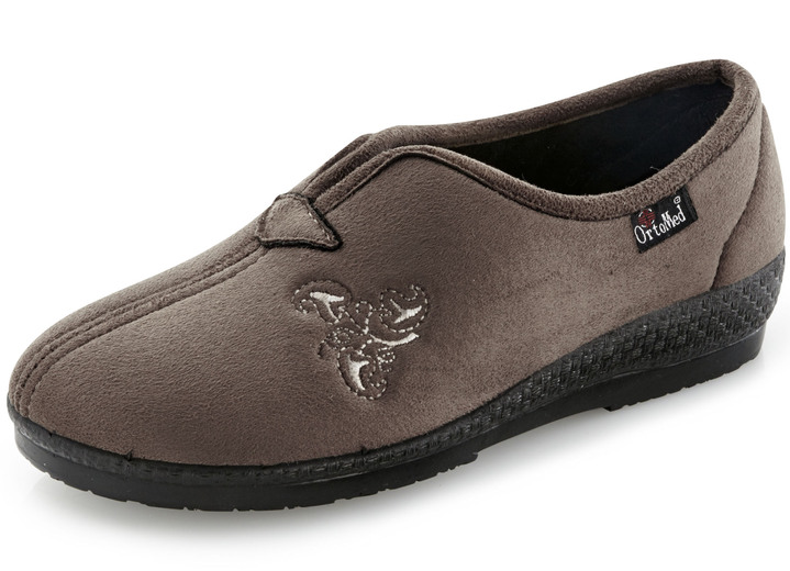 Hausschuhe - Klassische Damen-Hausschuhe, Weite H, mit Stickereizier, in Größe 036 bis 041, in Farbe MARINE Ansicht 3