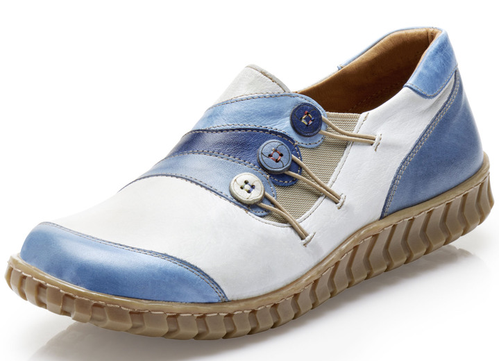 Slipper & Schnürschuhe - Gemini Slipper mit Zierknöpfen, in Größe 036 bis 042, in Farbe WEISS-JEANS Ansicht 1