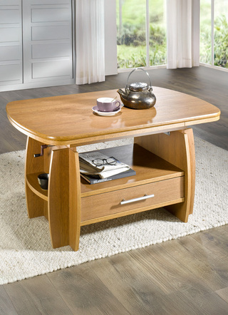 Couchtische - Couchtisch mit Schublade – Farbe EICHE – Ansicht  Couchtische - Couchtisch mit Schublade, in Farbe NUSSBAUM, in Ausführung Feste Platte – Farbe EICHE – Ansicht