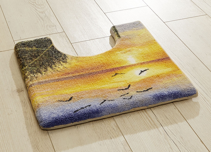 Badgarnituren - Farbenprächtige Badgarnitur mit schöner Bandeinfassung Ansicht 2 Badgarnituren - Farbenprächtige Badgarnitur mit schöner Bandeinfassung, in Größe 100 (Vorleger halbrund, 50/ 80 cm) bis 112 (Motiv-WC-Deckelbezug, 47/ 50 cm), in Farbe  Ansicht 2