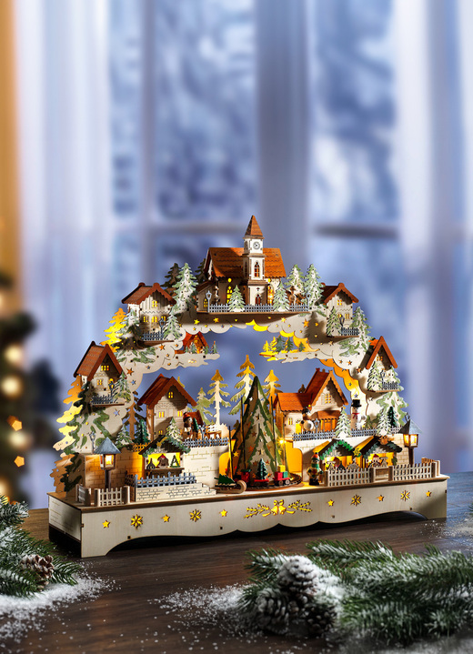 Weihnachtliche Dekorationen - Schwibbbogen aus Holz mit LED-Beleuchtung, in Farbe NATUR