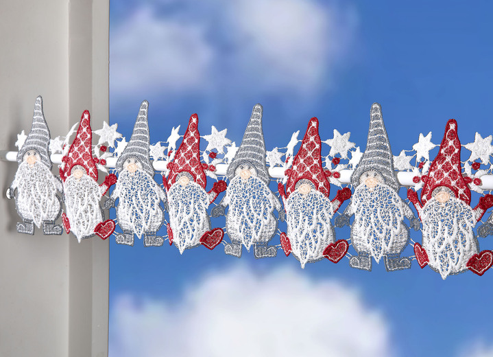 Kurzgardinen - Stangendekoration aus echter Plauener Spitze, in Größe 628 (H14xB 42 cm) bis 661 (H14xB103 cm), in Farbe WEISS-GRAU-ROT Ansicht 2