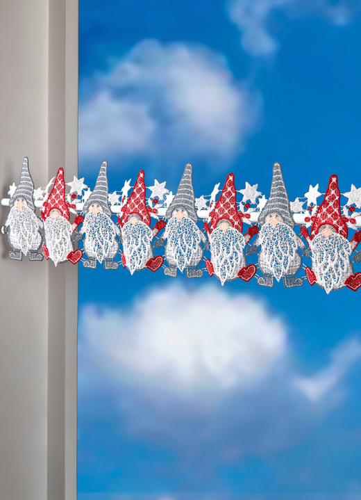 Kurzgardinen - Stangendekoration aus echter Plauener Spitze, in Größe 628 (H14xB 42 cm) bis 661 (H14xB103 cm), in Farbe WEISS-GRAU-ROT Ansicht 1