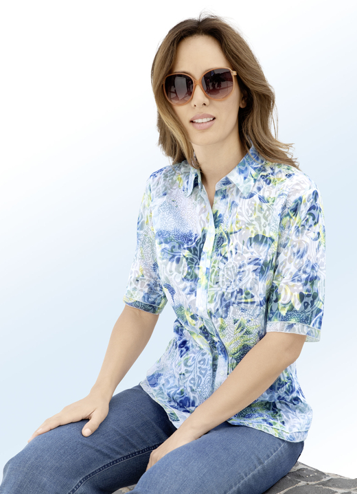 Kurzarm - Zart transparente Bluse, in Größe 036 bis 052, in Farbe BLEU-BUNT Ansicht 2