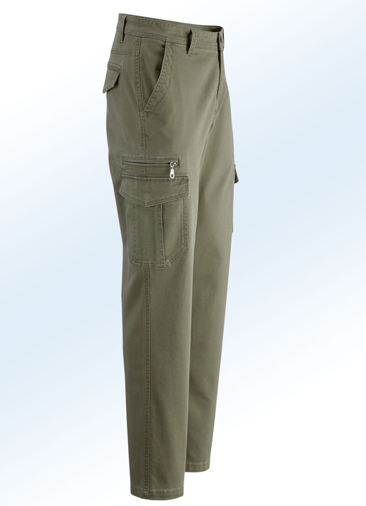Hosen - Hose mit Cargotaschen in 3 Farben Ansicht 2 Hosen - Hose mit Cargotaschen in 3 Farben, in Größe 024 bis 060, in Farbe OLIV Ansicht 2