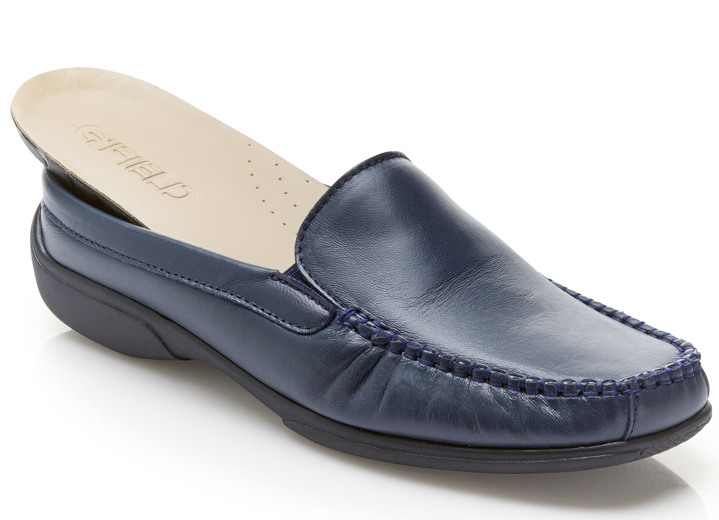 Sandaletten & Pantoletten - ELENA EDEN Mokassin Sabot mit seitlich eingesetzen Gummizügen, in Größe 036 bis 042, in Farbe MARINE Ansicht 2