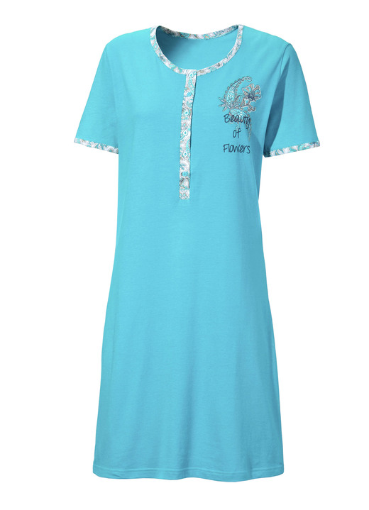 Kurzarm - Zweierpack Nachthemden mit langer Knopfleiste, Stickerei sowie kurzen Ärmeln, in Größe 036 bis 060, in Farbe 1X FUCHSIA, 1X LAGUNE Ansicht 4