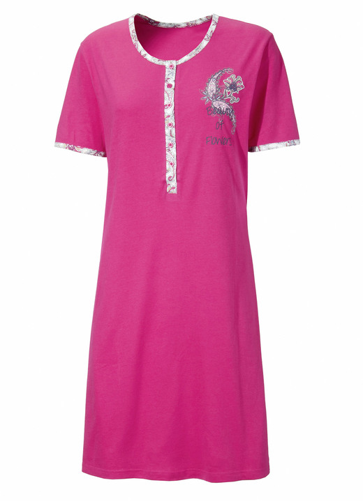 Kurzarm - Zweierpack Nachthemden mit langer Knopfleiste, Stickerei sowie kurzen Ärmeln, in Größe 036 bis 060, in Farbe 1X FUCHSIA, 1X LAGUNE Ansicht 2