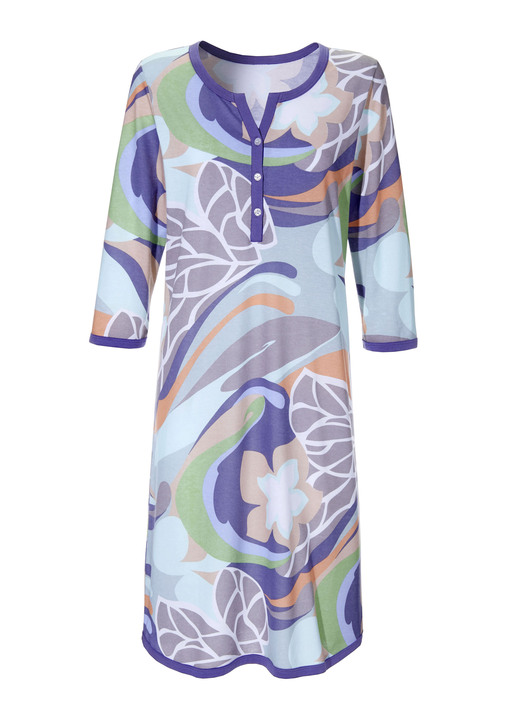 Nachthemden Langarm - Nachthemd mit Knopfleiste, knielang mit 3/4-langen Ärmeln, in Größe 036 bis 054, in Farbe RAUCHBLAU-BUNT Ansicht 2