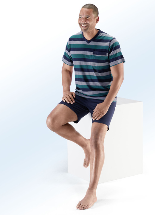 Wäsche - Zweierpack Shortys mit V-Ausschnitt, Brusttasche, garngefärbtem Ringeldessin, in Größe 046 bis 062, in Farbe 1X BORDEAUX-SCHWARZ, 1X PETROL-MARINE Ansicht 2