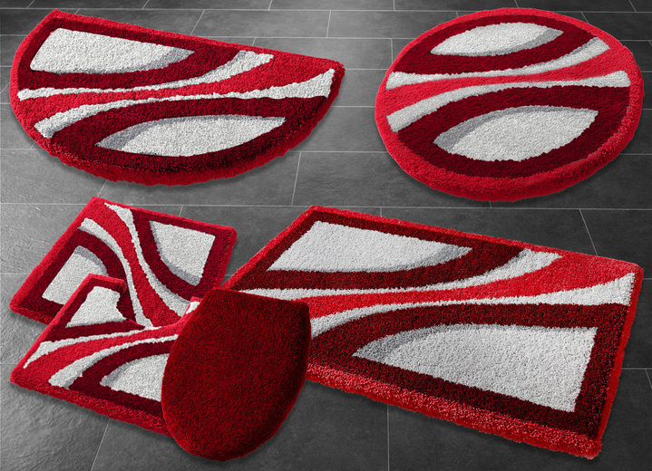 - Faszinierende Badgarnitur mit rutschhemmender Rückseite, in Größe 100 (Vorleger halbrund, 50/ 80 cm) bis 112 (WC-Deckelbezug, 47/ 50 cm), in Farbe ROT-GRAU Ansicht 1