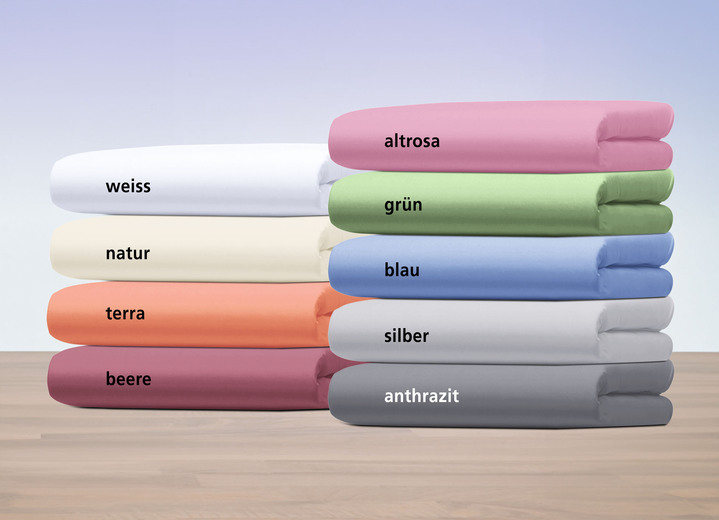 Wohnen - Fein-Single-Jersey Spannbetttücher, in Größe 133 (2 Spannbetttücher, je 90–100/200 cm, Matratzenhöhe bis 30 cm) bis 138 (Spannbetttuch, 180–200/200 cm, Matratzenhöhe bis 30 cm), in Farbe BLAU Ansicht 2